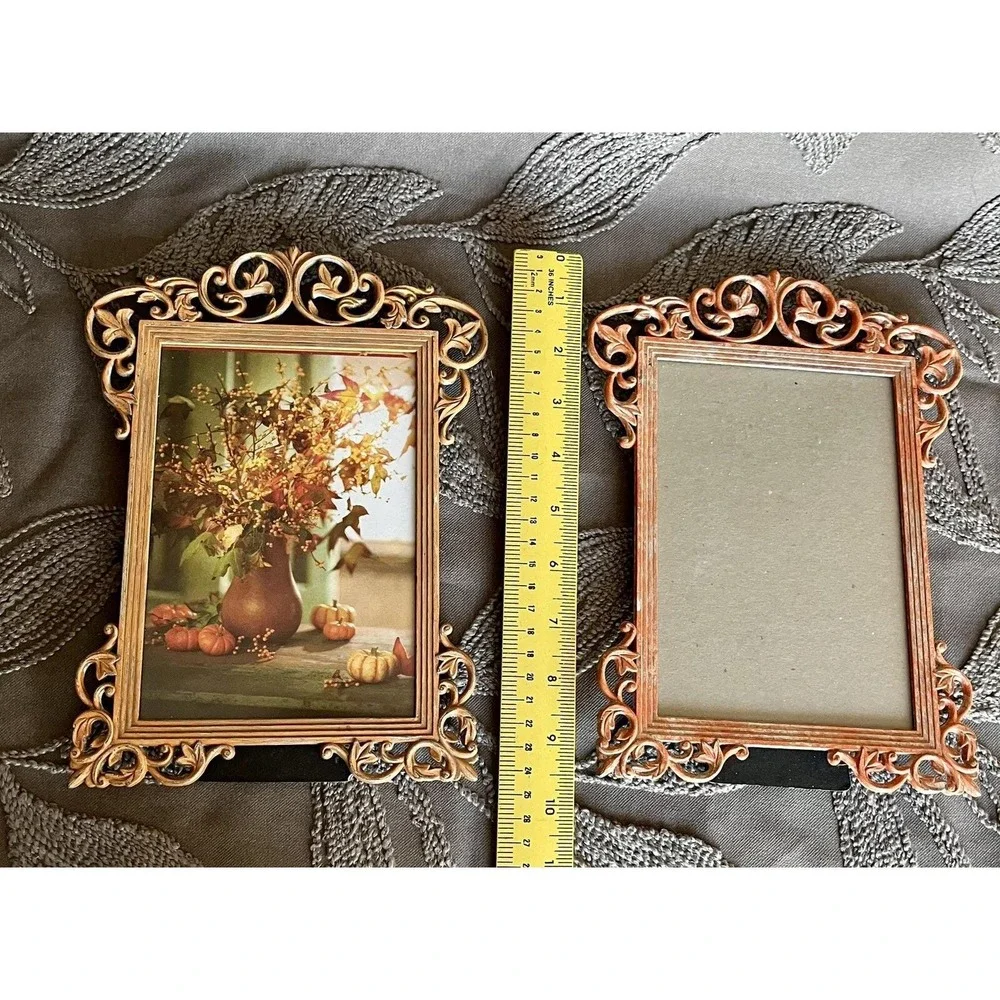 Metal Free Standing Frames Pair (2) Orange Ornate Matte Glass Taiwan Autumn Fall